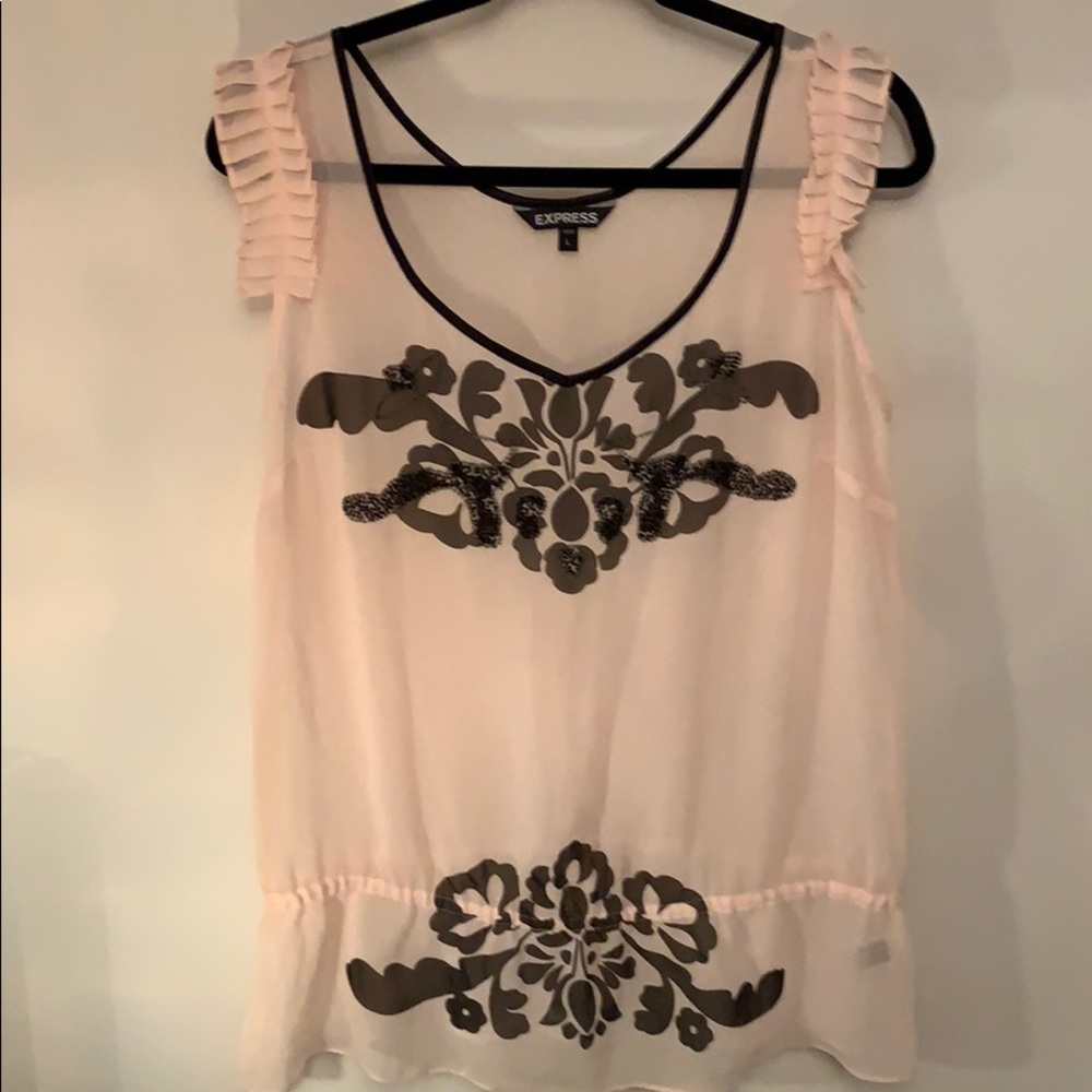 Express Light Pink Sleeveless Blouse with Black Floral Appliqué